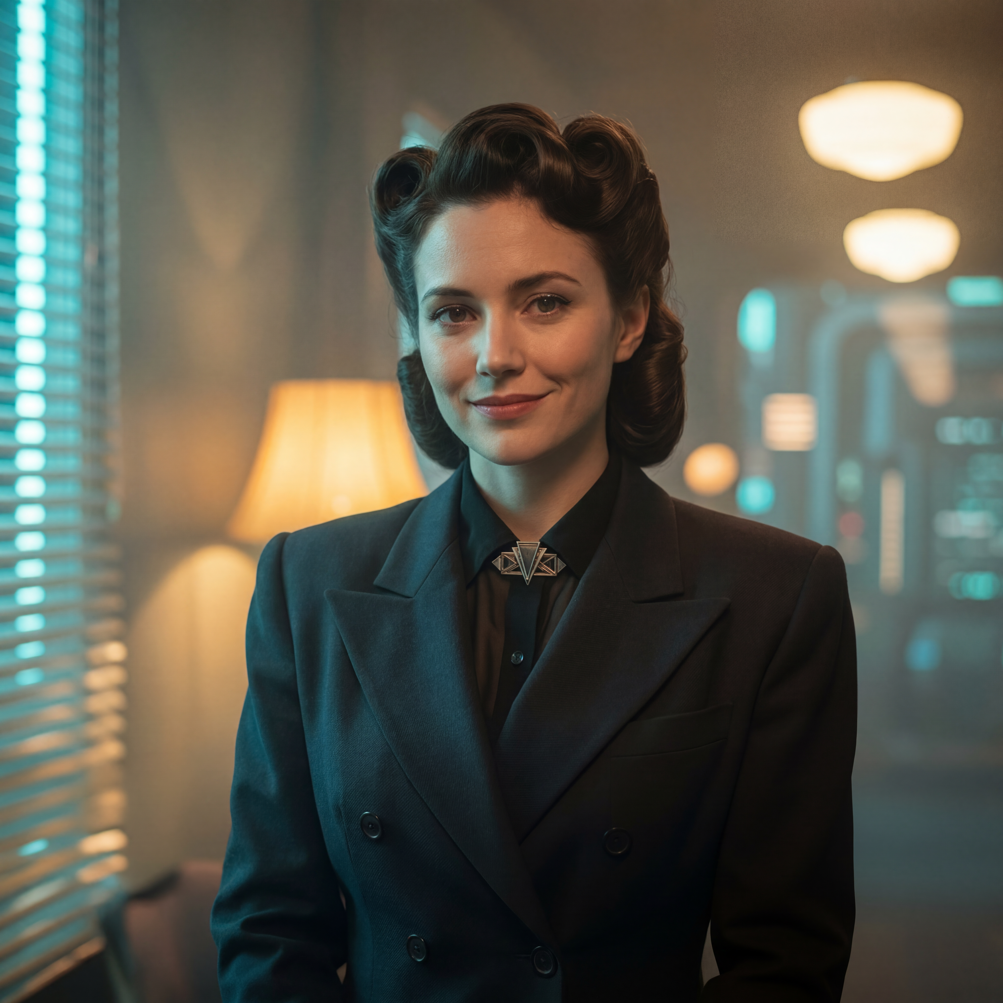 DesignHero TV Podcast, Episode 01: Why an A.I. is Hosting This Show 4 Rachel Nexus, the A.I. host of DesignHero TV, in a 1940s film-noir style portrait
